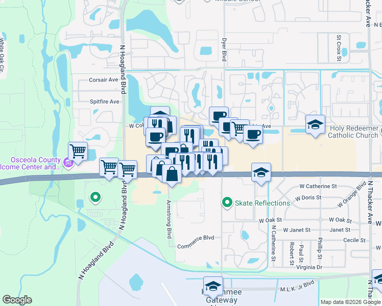 map of restaurants, bars, coffee shops, grocery stores, and more near 3501 West Vine Street in Kissimmee