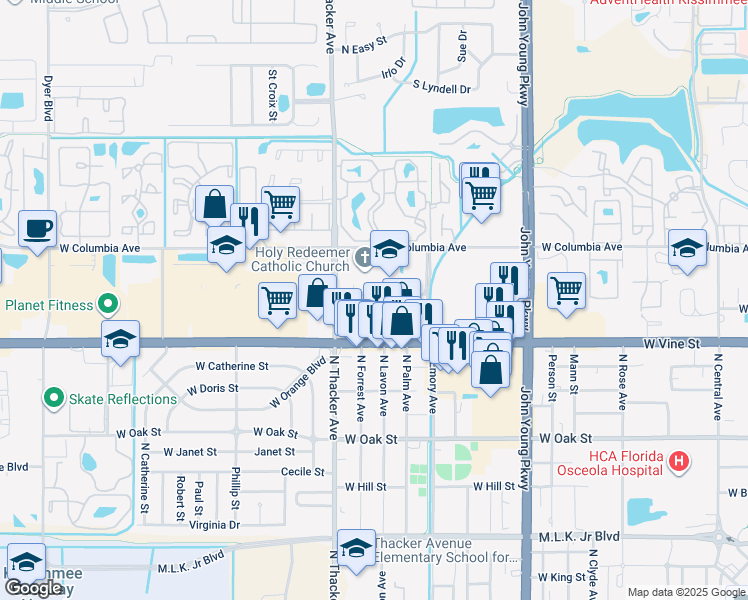 map of restaurants, bars, coffee shops, grocery stores, and more near 1804 Barton Drive in Kissimmee