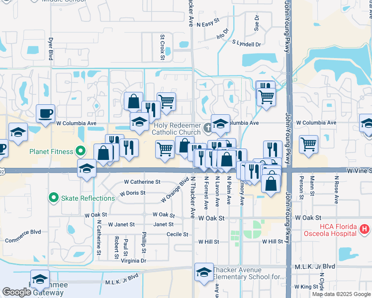 map of restaurants, bars, coffee shops, grocery stores, and more near 1500 North Thacker Avenue in Kissimmee