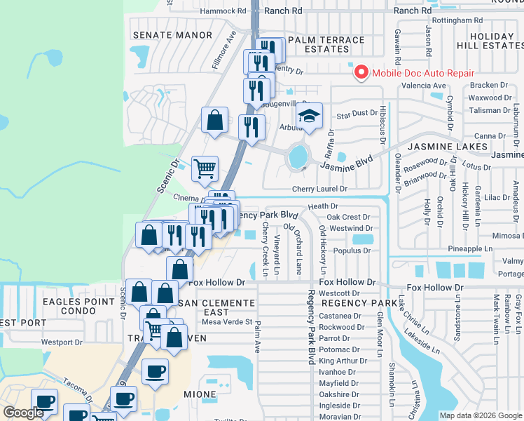 map of restaurants, bars, coffee shops, grocery stores, and more near 6933 Kingston Court in Port Richey