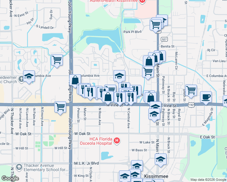 map of restaurants, bars, coffee shops, grocery stores, and more near 500 West Columbia Avenue in Kissimmee