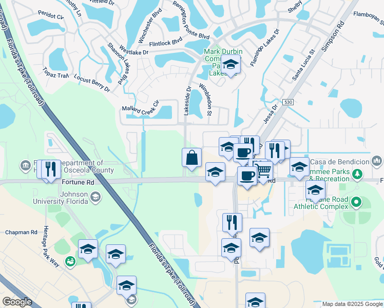 map of restaurants, bars, coffee shops, grocery stores, and more near 2100 Whistlers Park Circle in Kissimmee