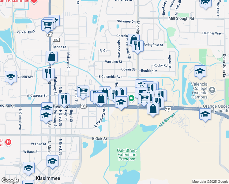 map of restaurants, bars, coffee shops, grocery stores, and more near 1516 Nebraska Avenue in Kissimmee