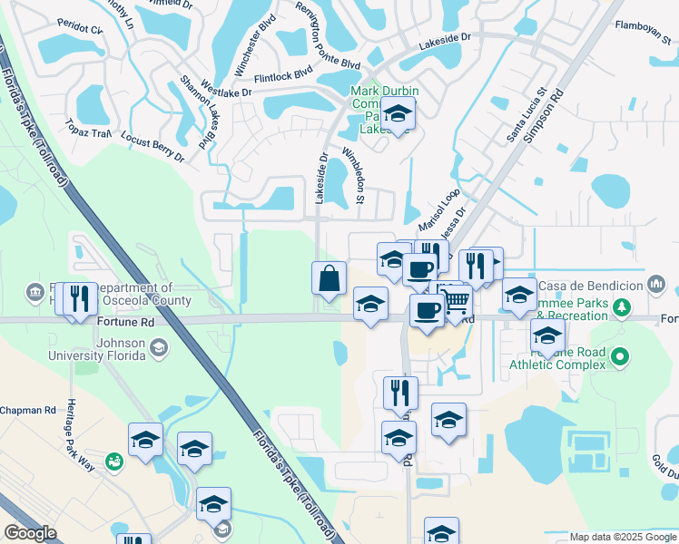 map of restaurants, bars, coffee shops, grocery stores, and more near 2114 Whistlers Park Circle in Kissimmee