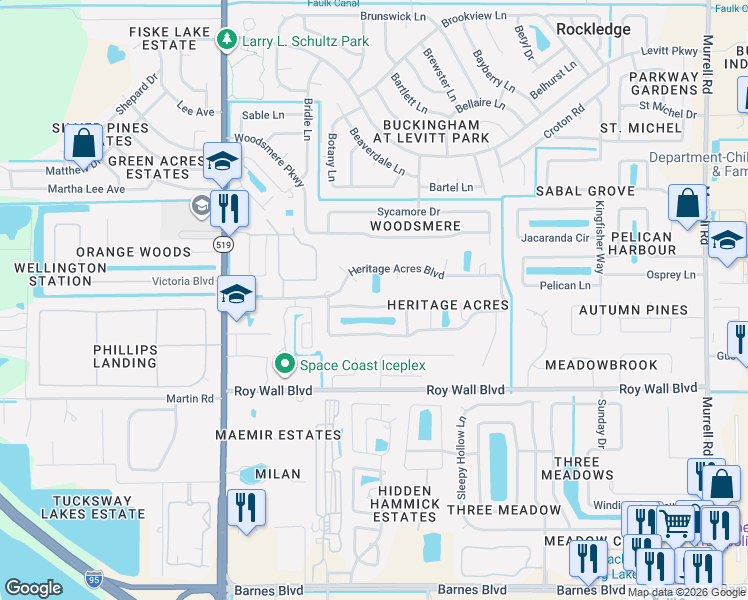 map of restaurants, bars, coffee shops, grocery stores, and more near 1223 Salmon Berry Place in Rockledge