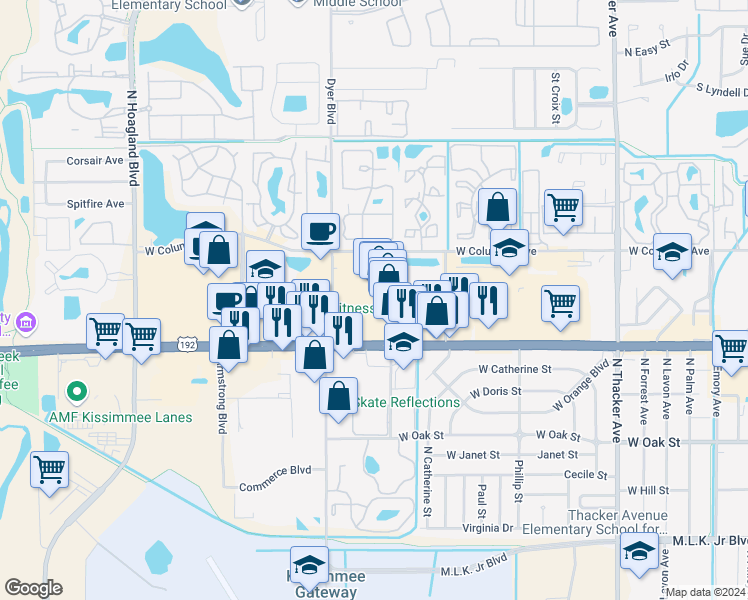 map of restaurants, bars, coffee shops, grocery stores, and more near 3135 West Vine Street in Kissimmee