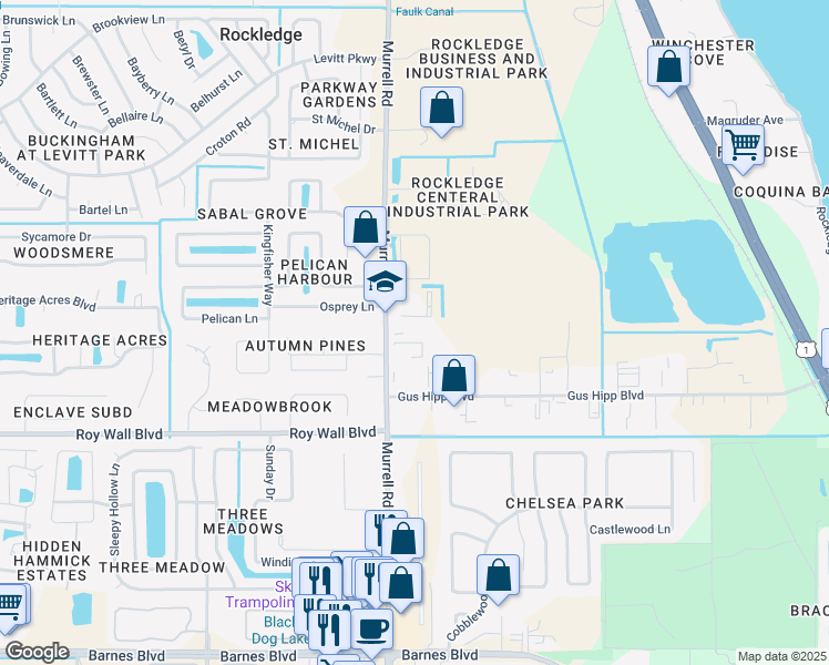 map of restaurants, bars, coffee shops, grocery stores, and more near 3100 Murrell Road in Rockledge