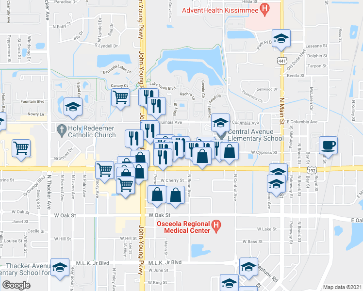 map of restaurants, bars, coffee shops, grocery stores, and more near 1610 Columbia Arms Circle in Kissimmee