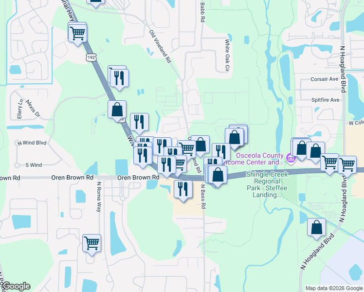 map of restaurants, bars, coffee shops, grocery stores, and more near 4403 Sun Village Boulevard in Kissimmee