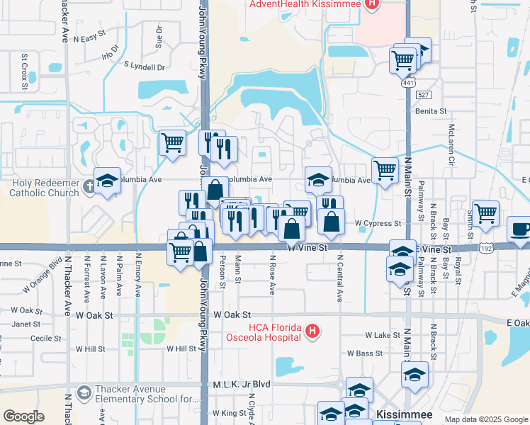 map of restaurants, bars, coffee shops, grocery stores, and more near 1610 Columbia Arms Circle in Kissimmee