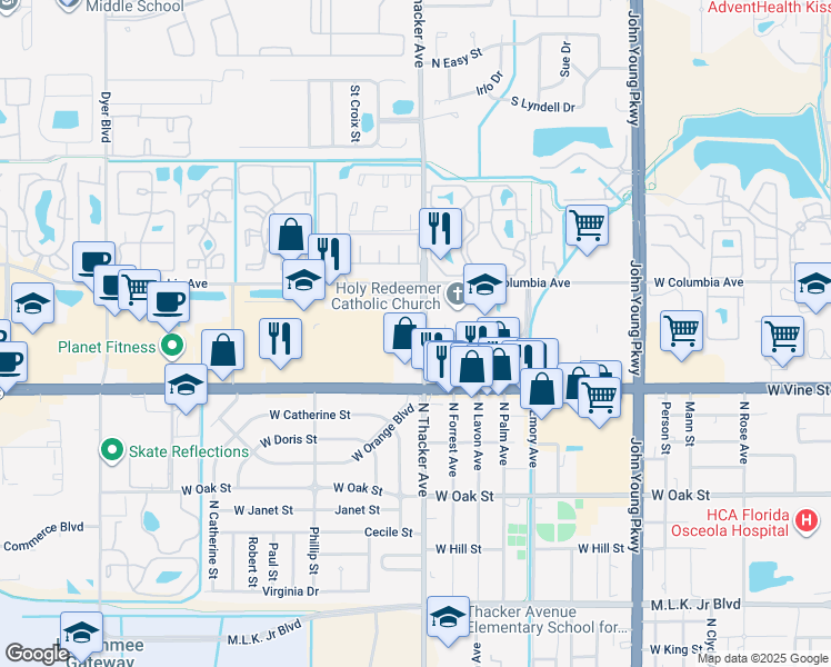 map of restaurants, bars, coffee shops, grocery stores, and more near 1500 North Thacker Avenue in Kissimmee