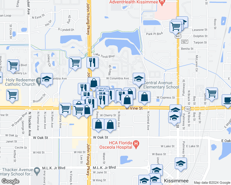 map of restaurants, bars, coffee shops, grocery stores, and more near 1610 Columbia Arms Circle in Kissimmee