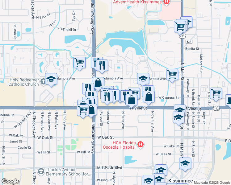 map of restaurants, bars, coffee shops, grocery stores, and more near 1610 Columbia Arms Circle in Kissimmee