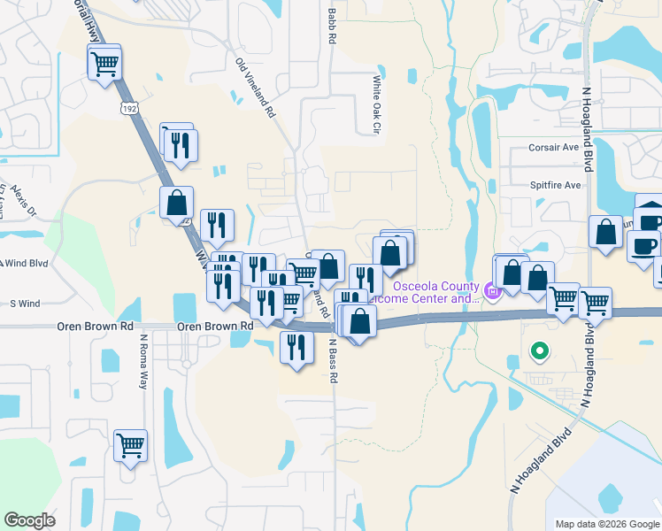 map of restaurants, bars, coffee shops, grocery stores, and more near 1536 Tangelo Circle in Kissimmee