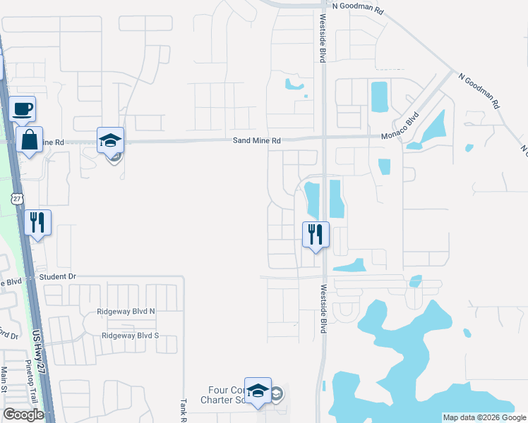 map of restaurants, bars, coffee shops, grocery stores, and more near 1632 Nassau Point Trail in Kissimmee