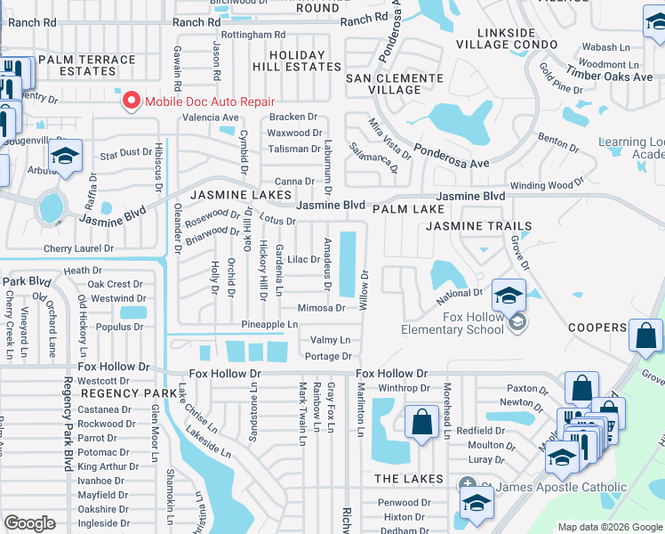 map of restaurants, bars, coffee shops, grocery stores, and more near 10234 Amadeus Drive in Port Richey