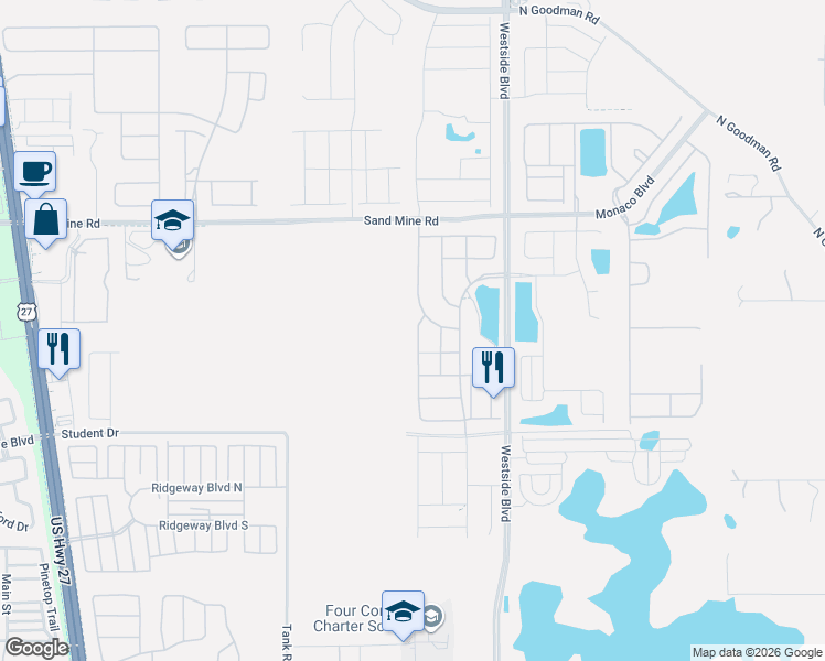 map of restaurants, bars, coffee shops, grocery stores, and more near 1632 Nassau Point Trail in Kissimmee