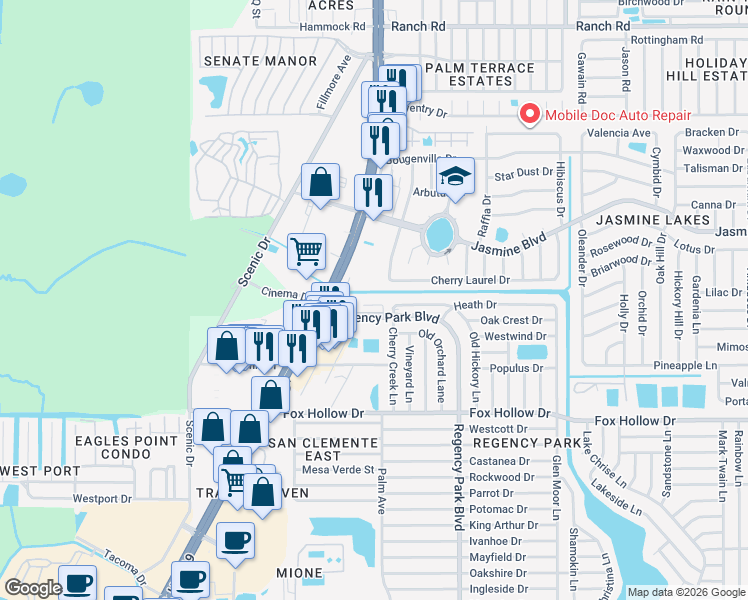 map of restaurants, bars, coffee shops, grocery stores, and more near 6933 Kingston Court in Port Richey