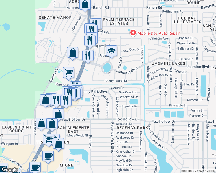 map of restaurants, bars, coffee shops, grocery stores, and more near 7125 Heath Drive in Port Richey