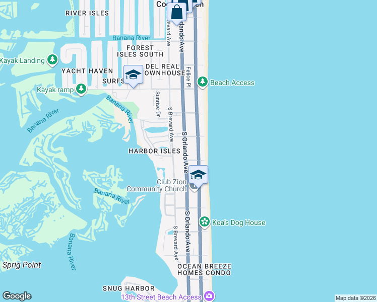 map of restaurants, bars, coffee shops, grocery stores, and more near 657 South Orlando Avenue in Cocoa Beach