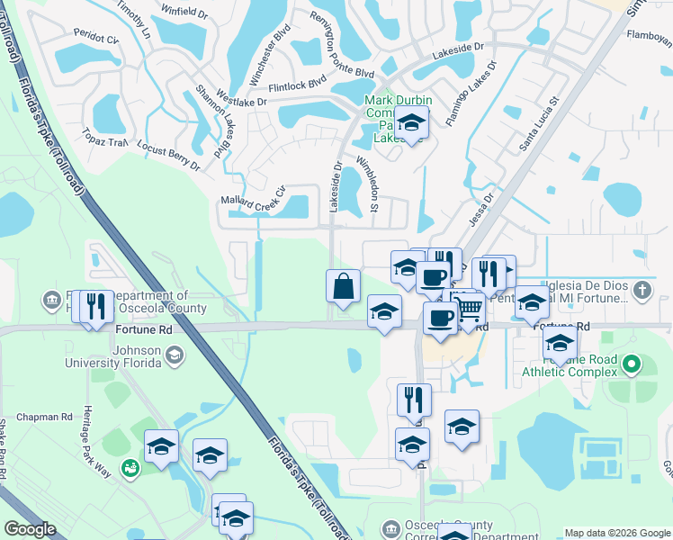 map of restaurants, bars, coffee shops, grocery stores, and more near 2100 Whistlers Park Circle in Kissimmee