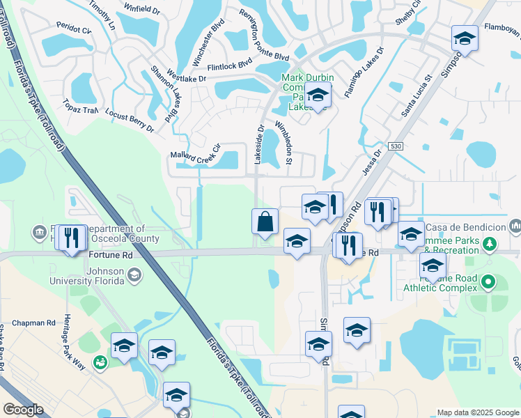 map of restaurants, bars, coffee shops, grocery stores, and more near 2100 Whistlers Park Circle in Kissimmee