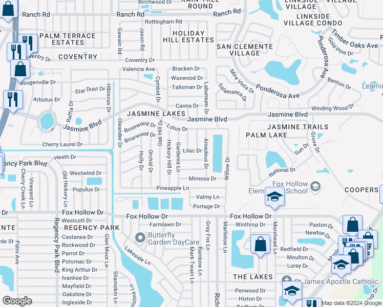 map of restaurants, bars, coffee shops, grocery stores, and more near 7838 Lilac Drive in Port Richey