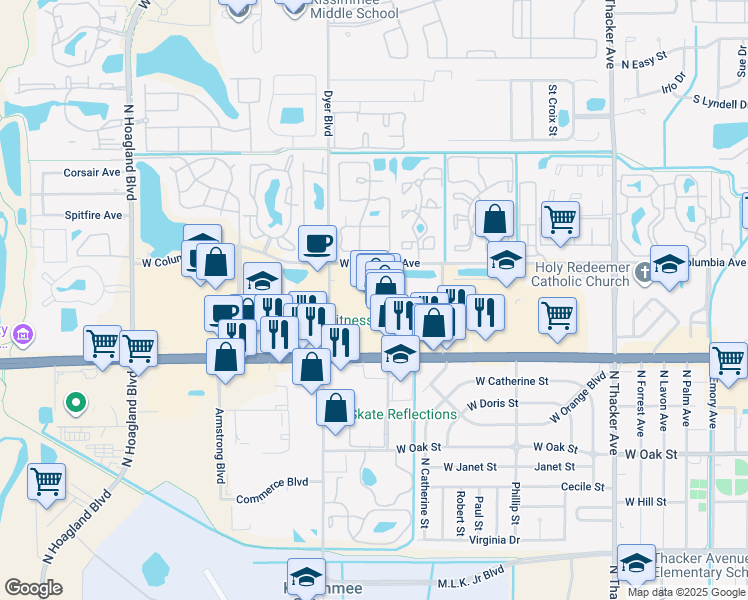 map of restaurants, bars, coffee shops, grocery stores, and more near 3135 W Vine St in Kissimmee