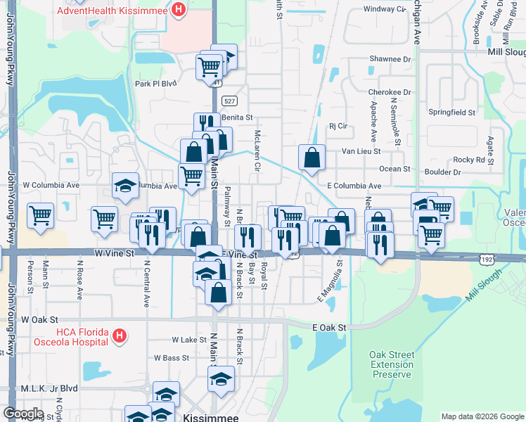 map of restaurants, bars, coffee shops, grocery stores, and more near 1510 Royal Street in Kissimmee