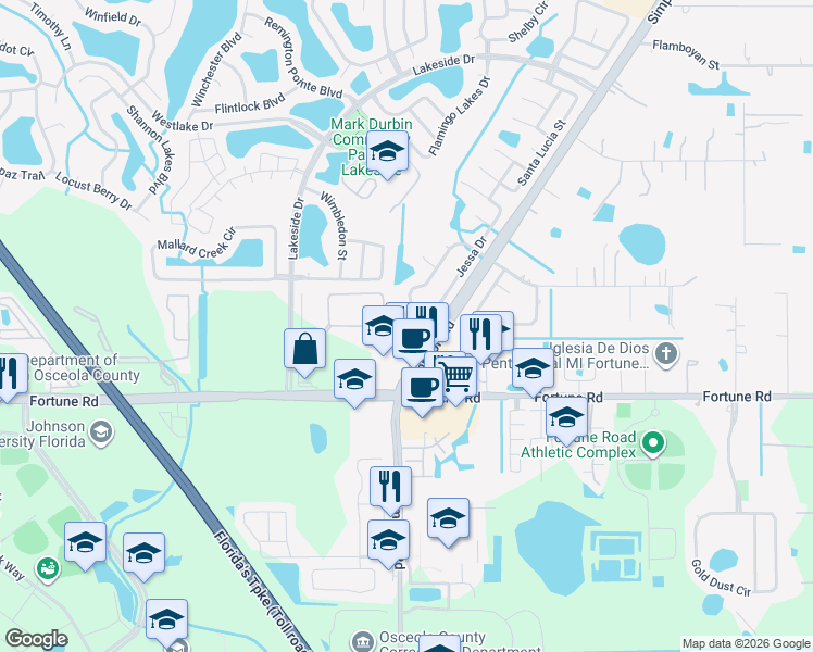 map of restaurants, bars, coffee shops, grocery stores, and more near 2089 Jessa Drive in Kissimmee