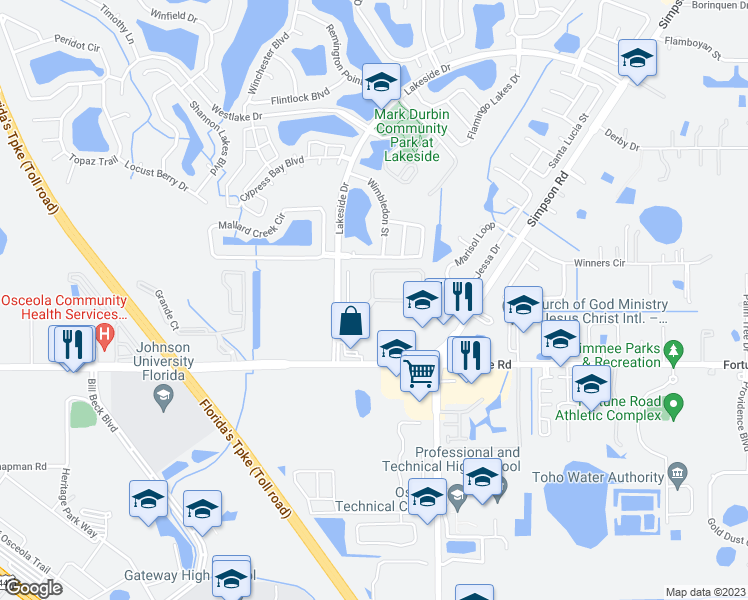 map of restaurants, bars, coffee shops, grocery stores, and more near 2200 Whistlers Park Circle in Kissimmee