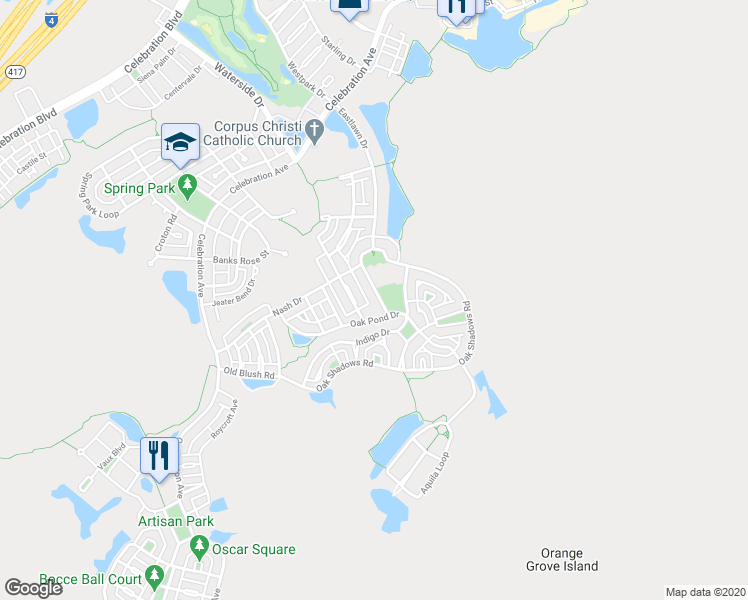 map of restaurants, bars, coffee shops, grocery stores, and more near 839 Oak Shadows Road in Celebration