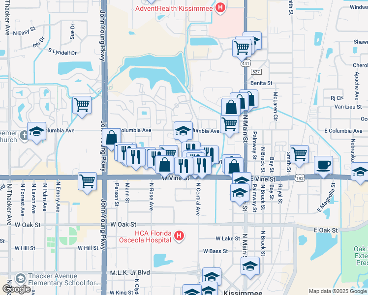 map of restaurants, bars, coffee shops, grocery stores, and more near 500 West Columbia Avenue in Kissimmee