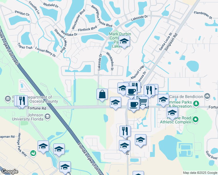 map of restaurants, bars, coffee shops, grocery stores, and more near 2114 Whistlers Park Circle in Kissimmee