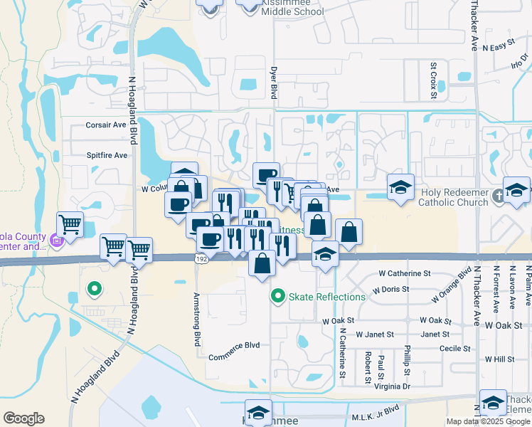 map of restaurants, bars, coffee shops, grocery stores, and more near 3189 West Vine Street in Kissimmee