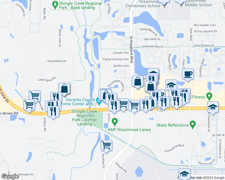 map of restaurants, bars, coffee shops, grocery stores, and more near 4140 Enchanted Oaks Circle in Kissimmee