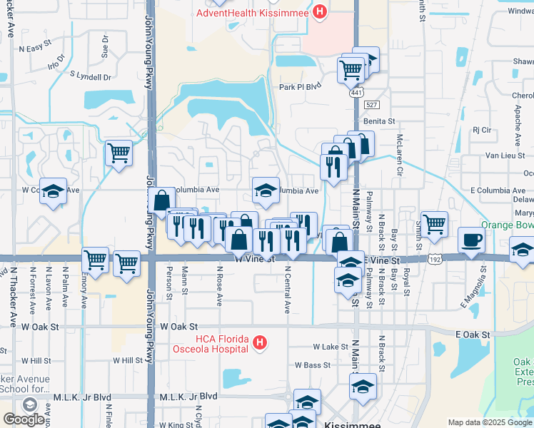 map of restaurants, bars, coffee shops, grocery stores, and more near 500 West Columbia Avenue in Kissimmee