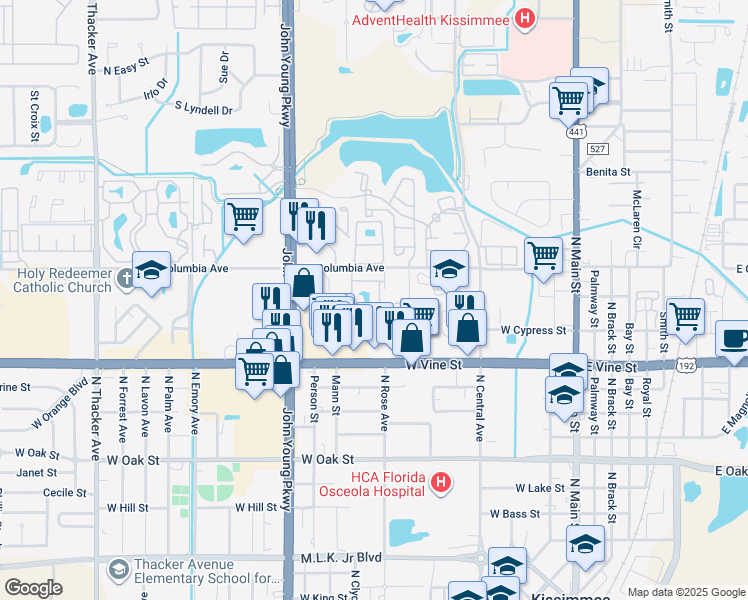 map of restaurants, bars, coffee shops, grocery stores, and more near 1610 Columbia Arms Circle in Kissimmee