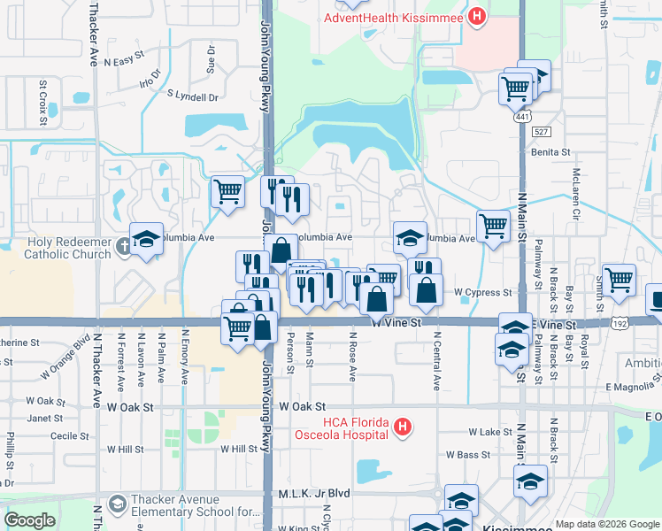 map of restaurants, bars, coffee shops, grocery stores, and more near 1610 Columbia Arms Circle in Kissimmee