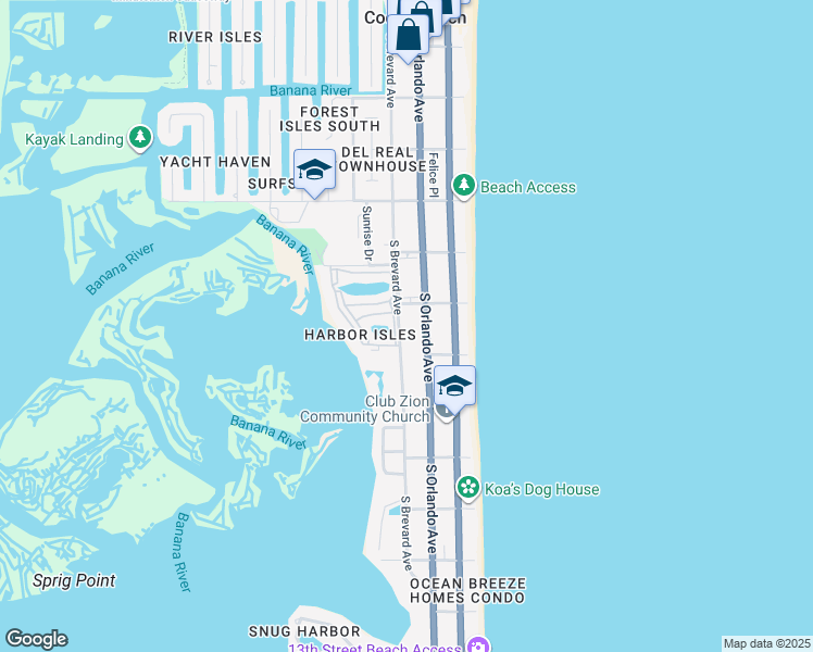 map of restaurants, bars, coffee shops, grocery stores, and more near 750 South Orlando Avenue in Cocoa Beach