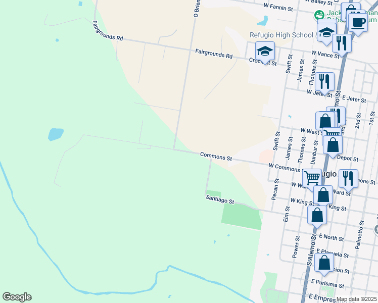 map of restaurants, bars, coffee shops, grocery stores, and more near 108 O Brien Road in Refugio
