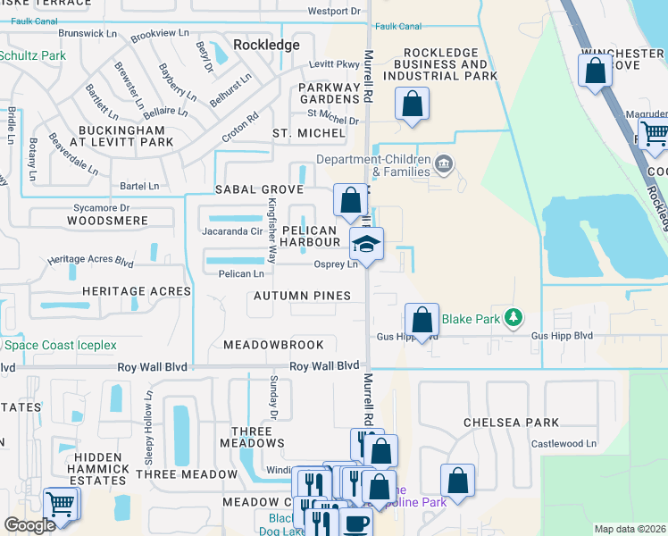 map of restaurants, bars, coffee shops, grocery stores, and more near 1006 Springfield Court in Rockledge