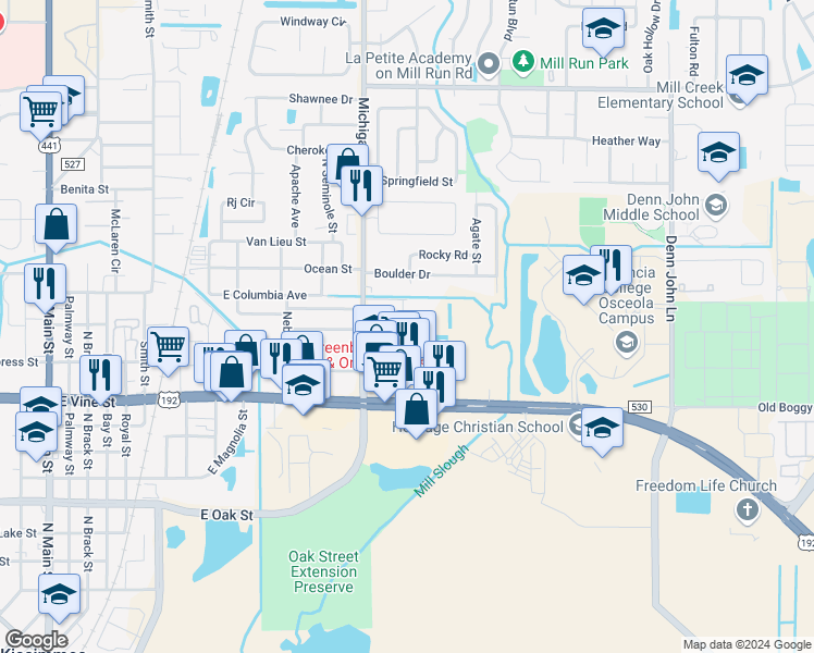 map of restaurants, bars, coffee shops, grocery stores, and more near 1615 Michigan Avenue in Kissimmee