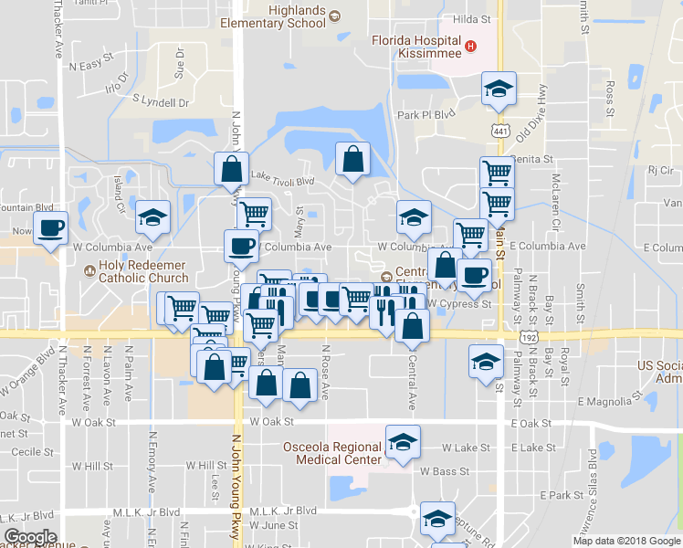 map of restaurants, bars, coffee shops, grocery stores, and more near 700 Florida Palms Court in Kissimmee