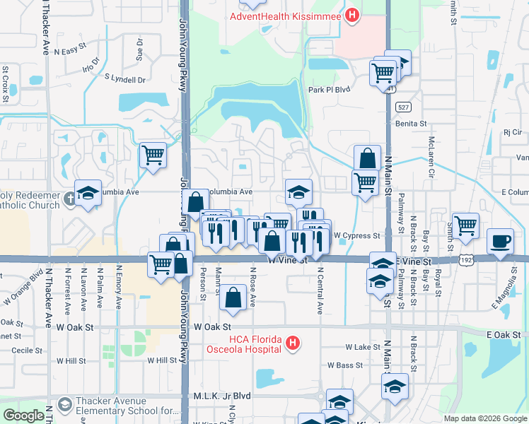 map of restaurants, bars, coffee shops, grocery stores, and more near 700 Florida Palms Court in Kissimmee