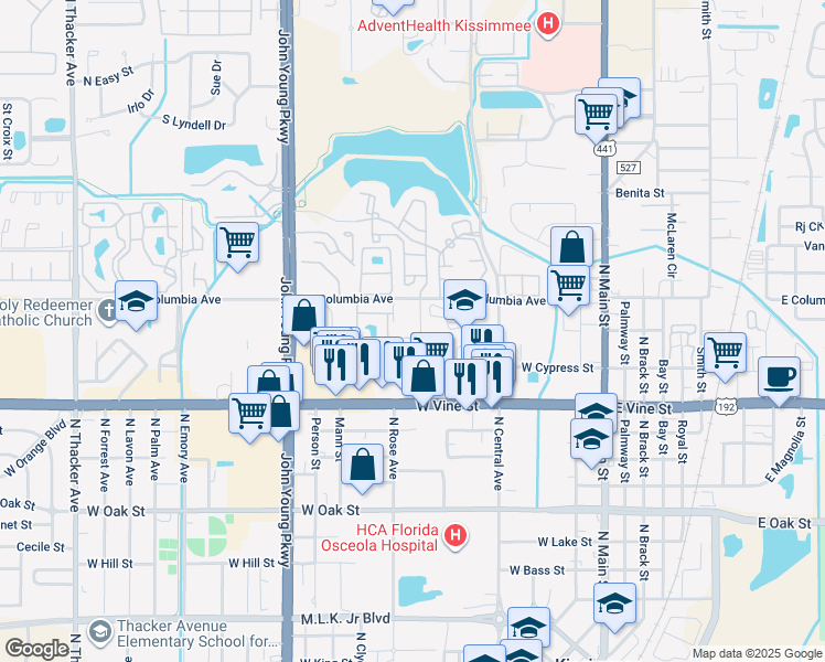 map of restaurants, bars, coffee shops, grocery stores, and more near 700 Florida Palms Court in Kissimmee