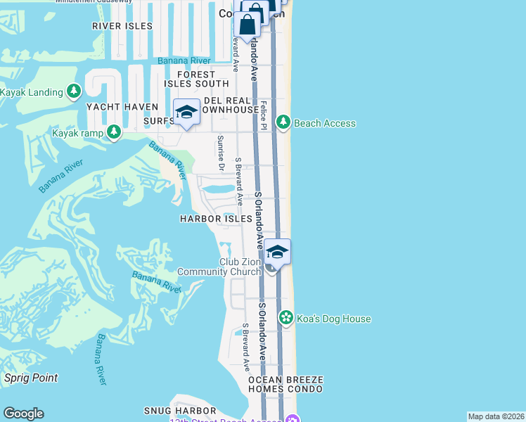 map of restaurants, bars, coffee shops, grocery stores, and more near 746 South Orlando Avenue in Cocoa Beach