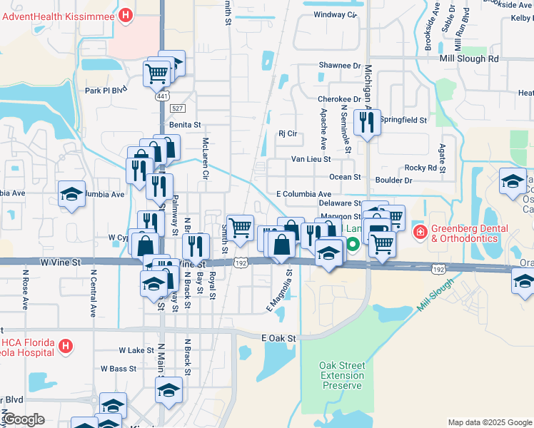 map of restaurants, bars, coffee shops, grocery stores, and more near 2011 Kelley Avenue in Kissimmee