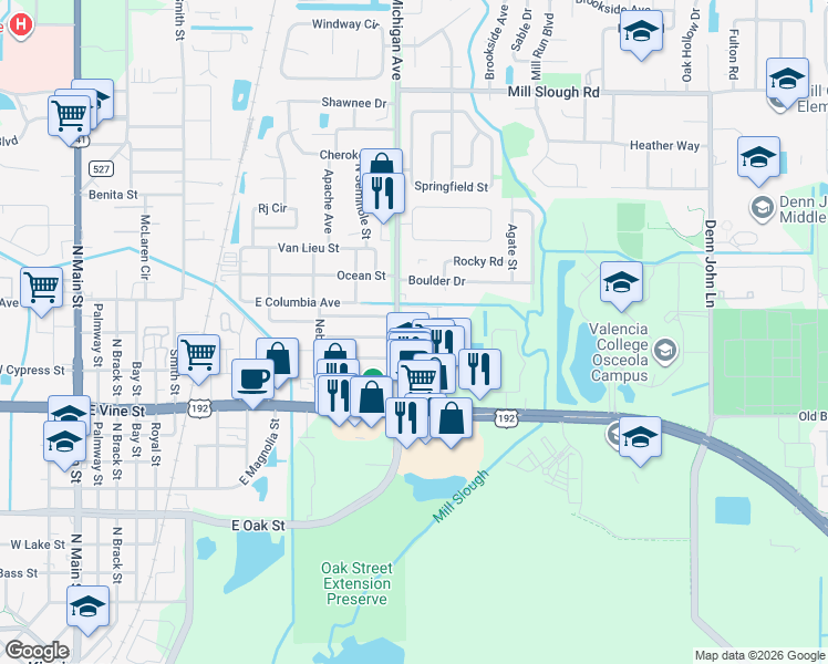 map of restaurants, bars, coffee shops, grocery stores, and more near 1615 Michigan Avenue in Kissimmee