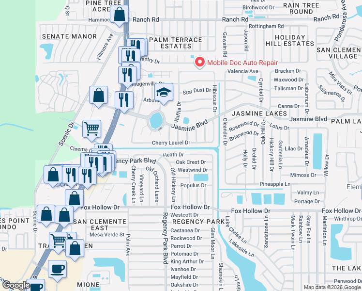 map of restaurants, bars, coffee shops, grocery stores, and more near 7221 Heath Drive in Port Richey